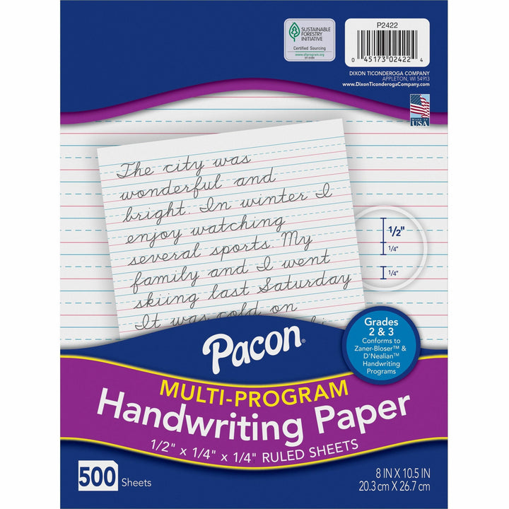 Image of Pacon 2422 Multi-Program Handwriting Papers, 500 Sheets, 0.50" Ruled, Unruled Margin, 8" x 10 1/2" Sheet Size, White Paper, Hard Cover, 1 Ream