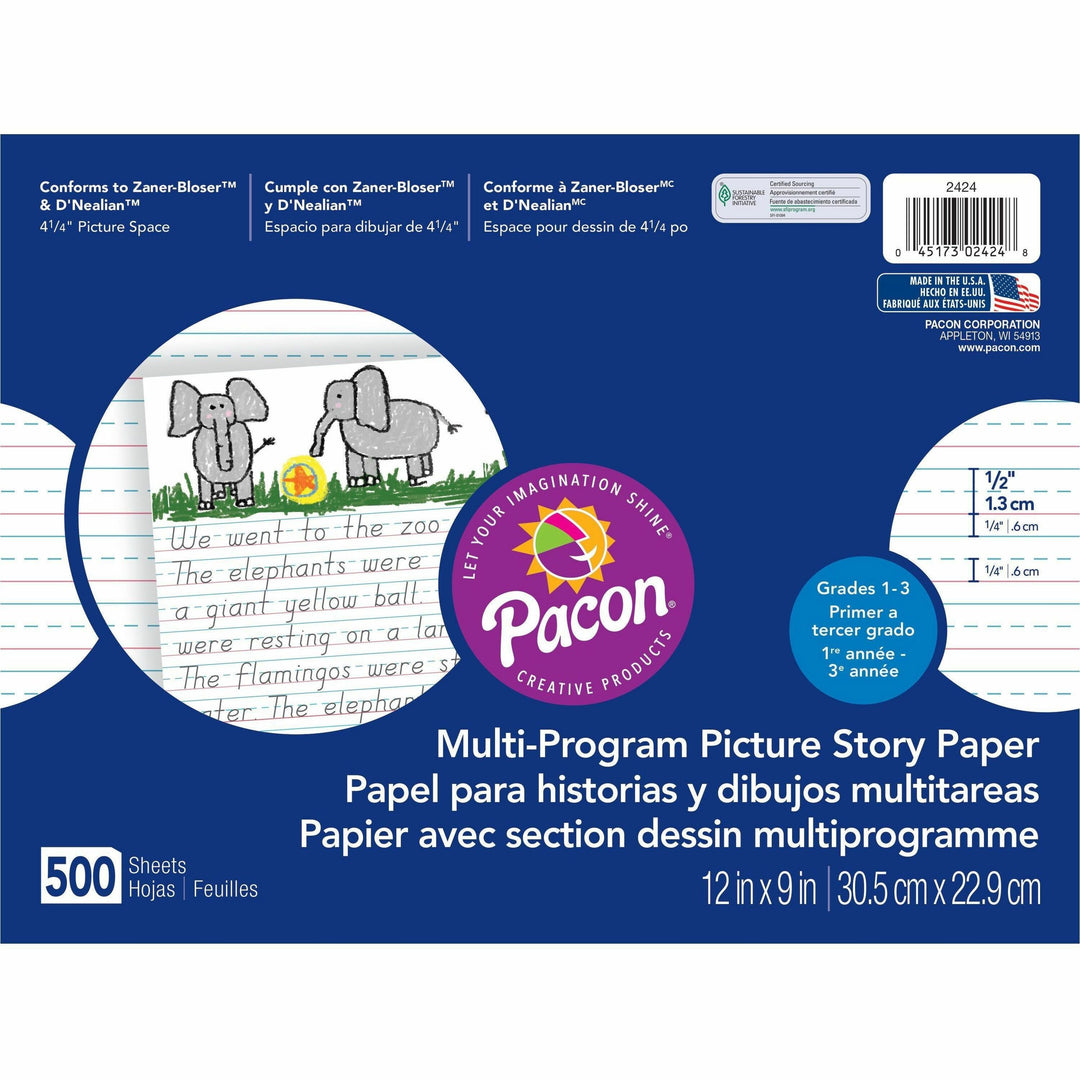 Image of Pacon® Picture Story Paper,1/2" Ruled,12"x9",500 Sheets/RM,White