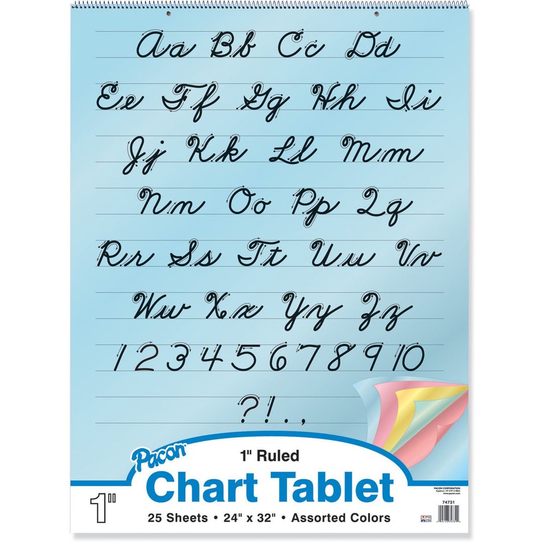 Image of Pacon® Colored Paper Chart,Cursive Cover,1" Ruled,24"x32",25Sht,AST