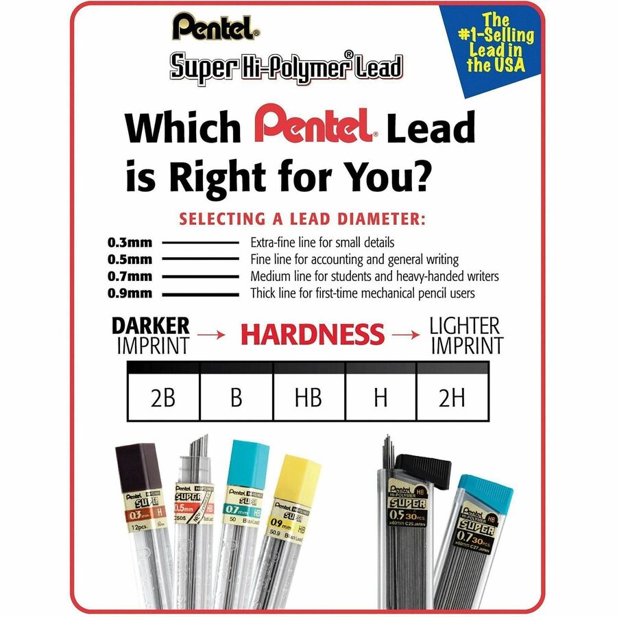 Image of Pentel 50-H Super Hi-Polymer Leads, 0.7 mm , Medium Point, H, Black Lead, 12 / Tub