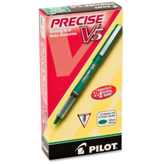 Image of Pilot® Precise V5 Rollerball Pen, Stick, Extra-Fine 0.5 mm, Green Ink, Green/Clear Barrel, Dozen