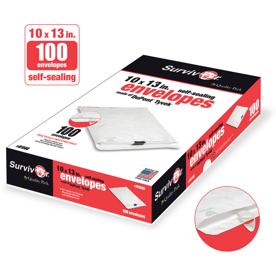 Image of Survivor® Lightweight 14 lb Tyvek Catalog Mailers, #13 1/2, Square Flap, Redi-Strip Adhesive Closure, 10 x 13, White, 100/Box