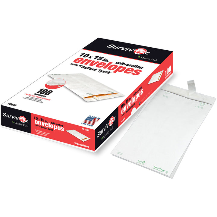 Image of Survivor® Lightweight 14 lb Tyvek Catalog Mailers, #15, Square Flap, Redi-Strip Adhesive Closure, 10 x 15, White, 100/Box
