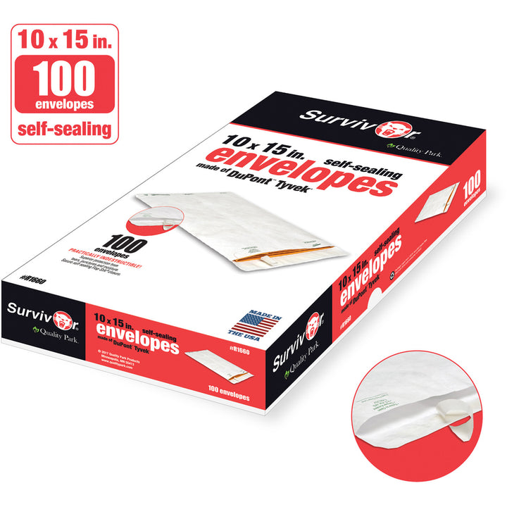 Image of Survivor® Lightweight 14 lb Tyvek Catalog Mailers, #15, Square Flap, Redi-Strip Adhesive Closure, 10 x 15, White, 100/Box
