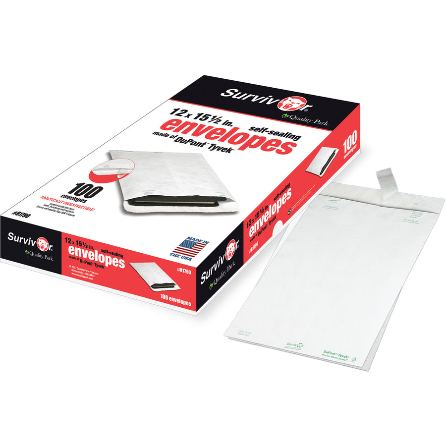 Image of Survivor® Lightweight 14 lb Tyvek Catalog Mailers, #15 1/2, Square Flap, Redi-Strip Adhesive Closure, 12 x 16, White, 100/Box