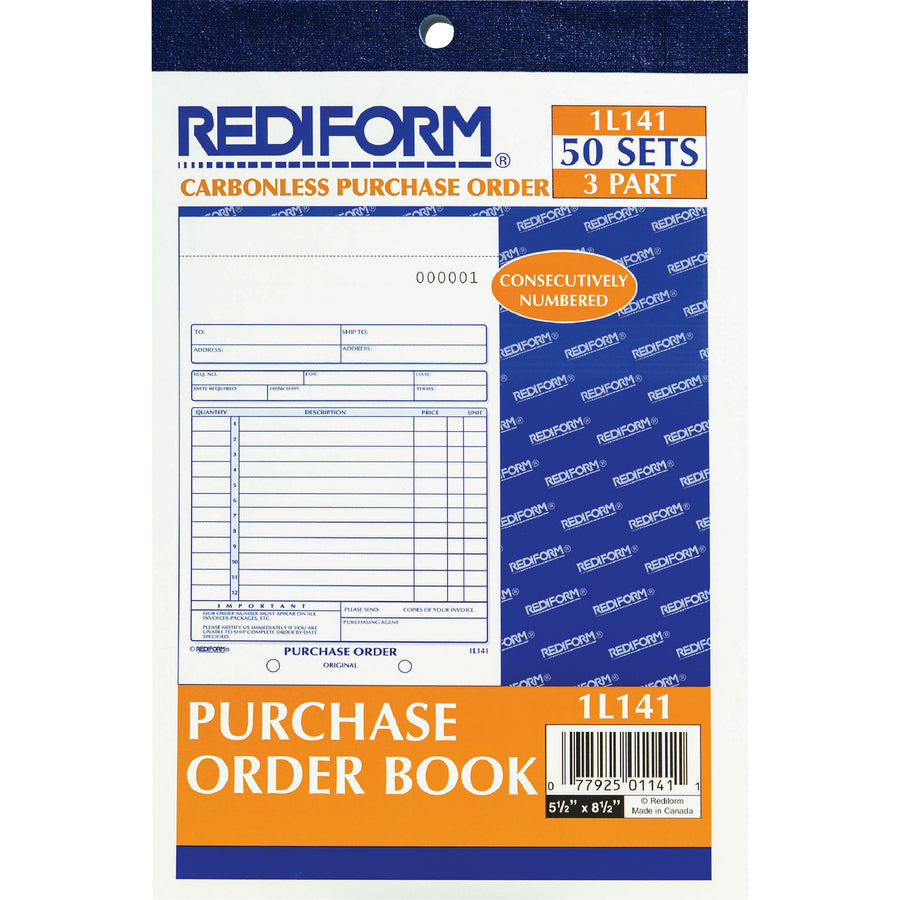 Image of Rediform® Purchase Order Book, 12 Lines, Three-Part Carbonless, 5.5 x 7.88, 50 Forms Total