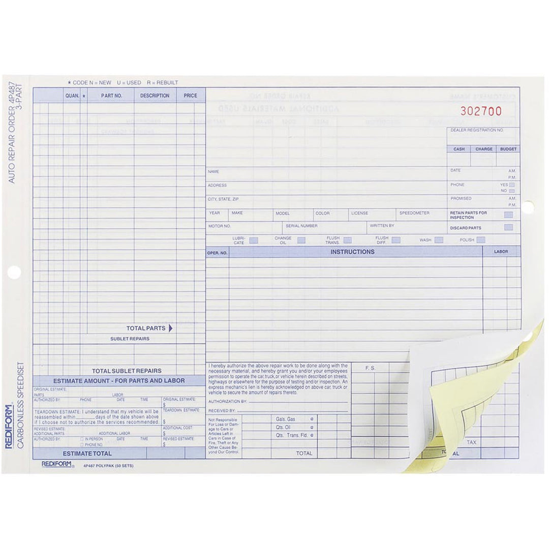Image of Rediform® Auto Repair Order Form, Speediset,3-Part,50/PK,8-1/2"x11"