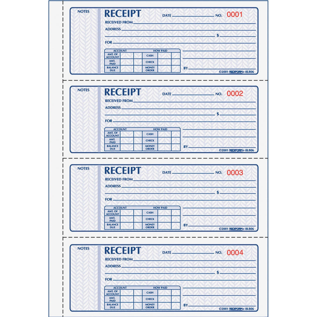 Image of Rediform® Receipt Book, Two-Part Carbonless, 7 x 2.75, 4 Forms/Sheet, 400 Forms Total