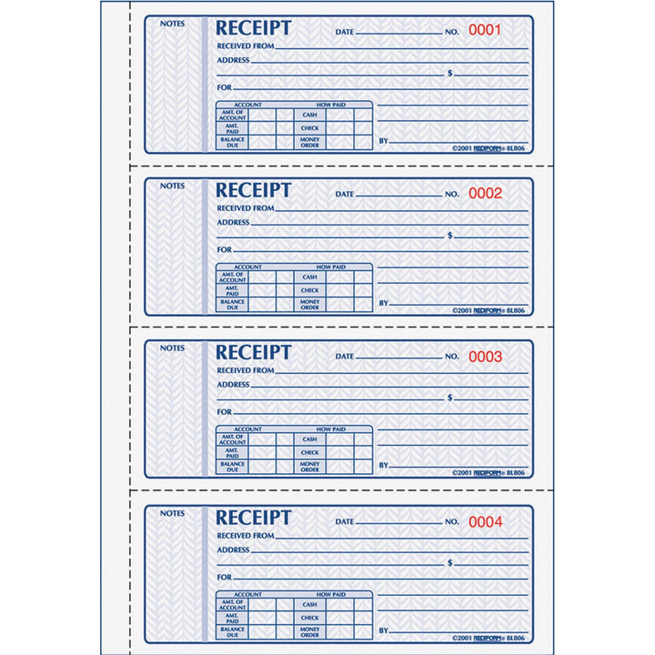 Image of Rediform® Receipt Book, Two-Part Carbonless, 7 x 2.75, 4 Forms/Sheet, 400 Forms Total