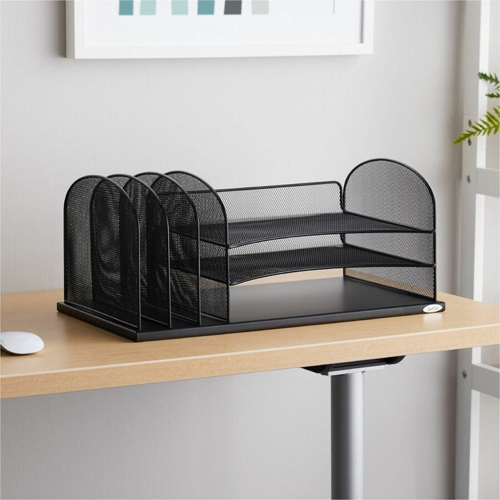 Image of Safco® Onyx Desk Organizer with Three Horizontal and Three Upright Sections, Letter Size Files, 19.5 x 11.5 x 8.25, Black