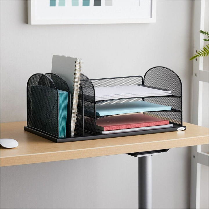 Image of Safco® Onyx Desk Organizer with Three Horizontal and Three Upright Sections, Letter Size Files, 19.5 x 11.5 x 8.25, Black