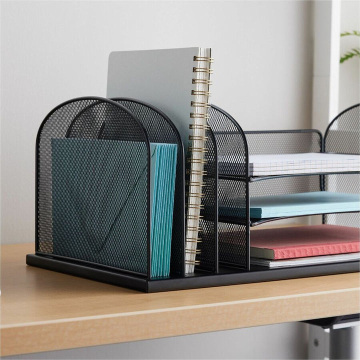 Image of Safco® Onyx Desk Organizer with Three Horizontal and Three Upright Sections, Letter Size Files, 19.5 x 11.5 x 8.25, Black