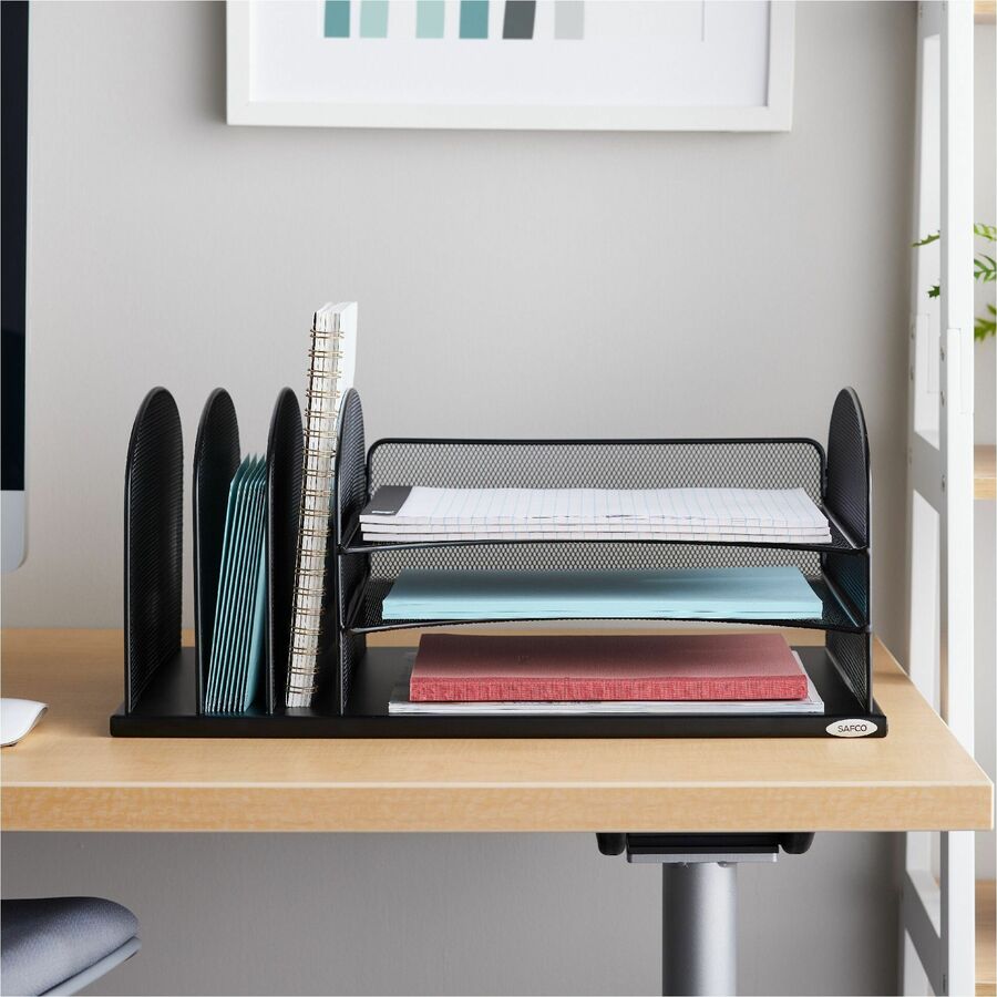 Image of Safco® Onyx Desk Organizer with Three Horizontal and Three Upright Sections, Letter Size Files, 19.5 x 11.5 x 8.25, Black