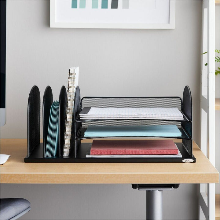 Image of Safco® Onyx Desk Organizer with Three Horizontal and Three Upright Sections, Letter Size Files, 19.5 x 11.5 x 8.25, Black
