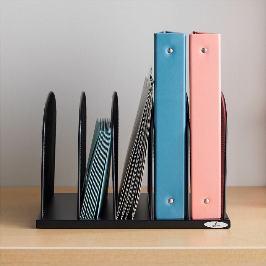 Image of Safco® Onyx Mesh Desk Organizer With Upright Sections, 5 Sections, Letter To Legal Size Files, 12.5" X 11.25" X 8.25", Black