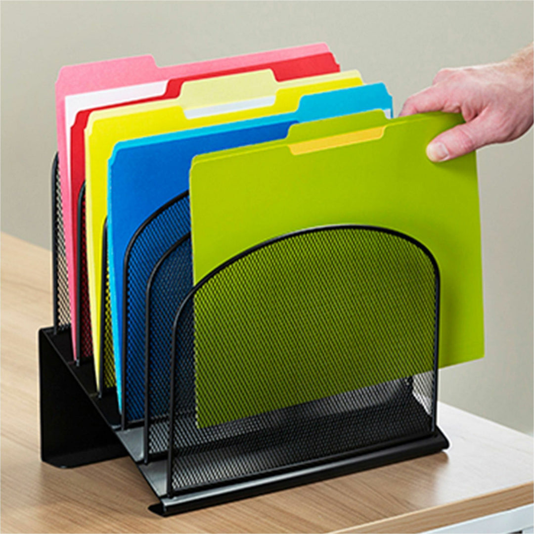 Image of Safco® Onyx Mesh Desk Organizer With Tiered Sections, 5 Sections, Letter To Legal Size Files, 11.25" X 7.25" X 12", Black