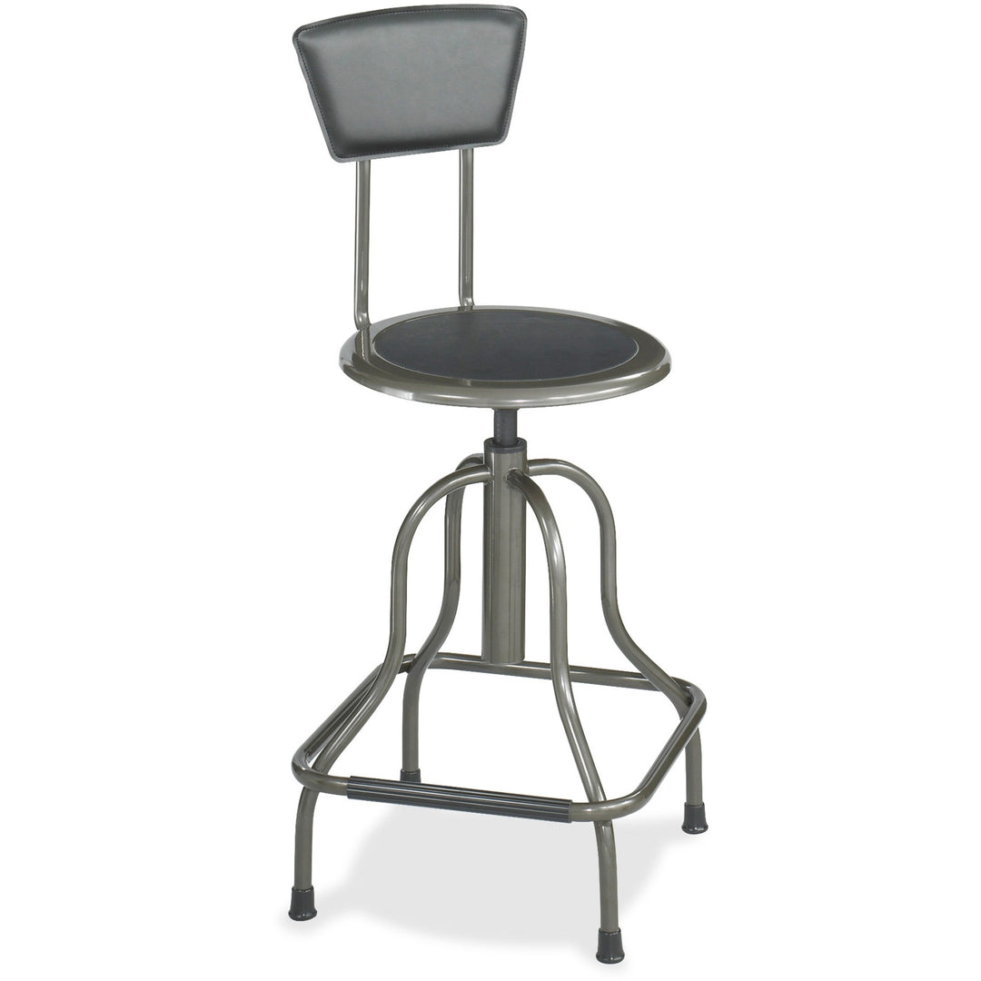Image of Safco® Diesel Industrial Stool with Back, Supports Up to 250 lb, 22" to 27" Seat Height, Black Seat/Back, Pewter Base
