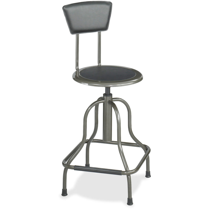 Image of Safco® Diesel Industrial Stool with Back, Supports Up to 250 lb, 22" to 27" Seat Height, Black Seat/Back, Pewter Base