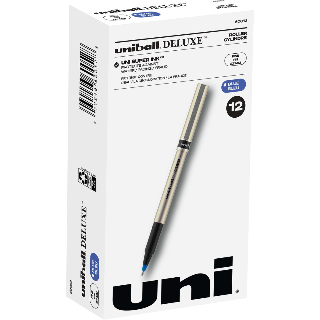 Image of uniball® Deluxe Rollerball Pen, Stick, Fine 0.7 mm, Blue Ink, Champagne/Black/Blue Barrel, Dozen