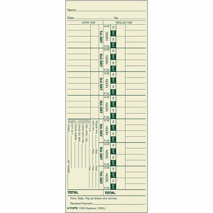 Image of TOPS Time Clock Cards, Replacement For 1900l, One Side, 3.5 X 9, 500/box