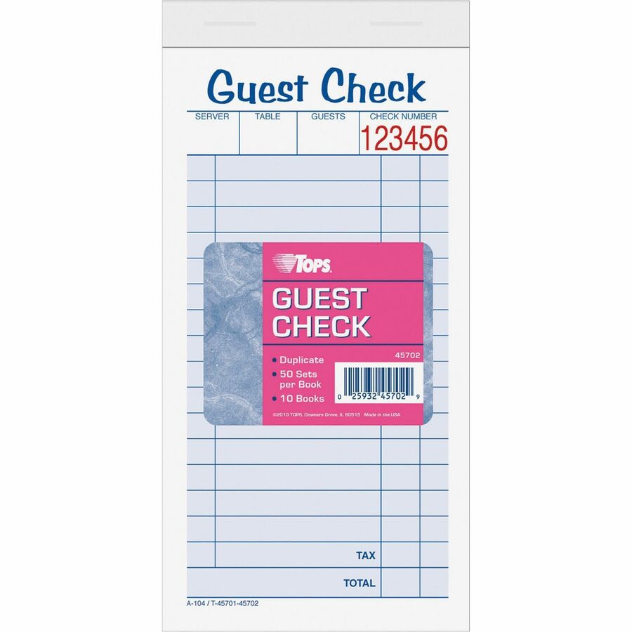 Image of Tops Guest Check Books, 2 Part, 3-1/3"x6-3/8", 50 Sets/BK, 10/PK