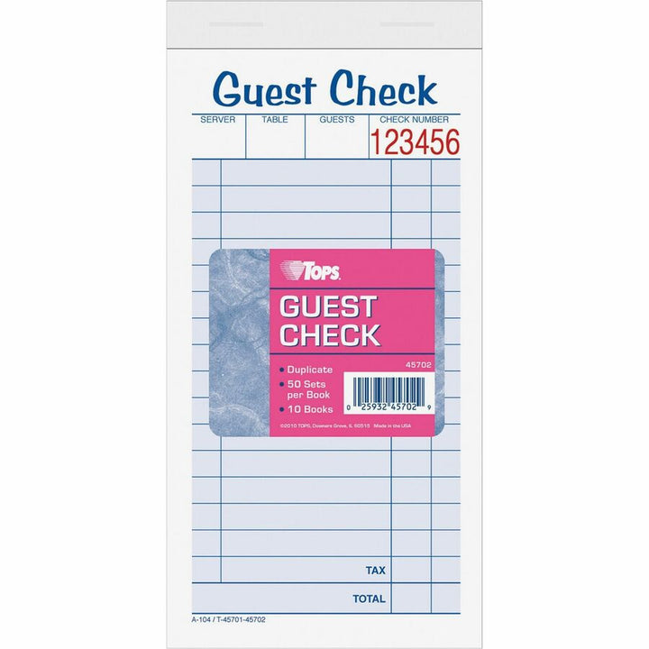 Image of Tops Guest Check Books, 2 Part, 3-1/3"x6-3/8", 50 Sets/BK, 10/PK