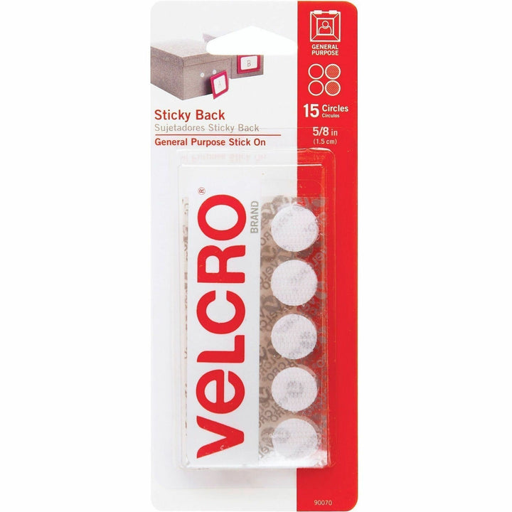 Image of VELCRO® Brand Sticky-Back Fasteners, Removable Adhesive, 0.63" Dia, White, 15/pack
