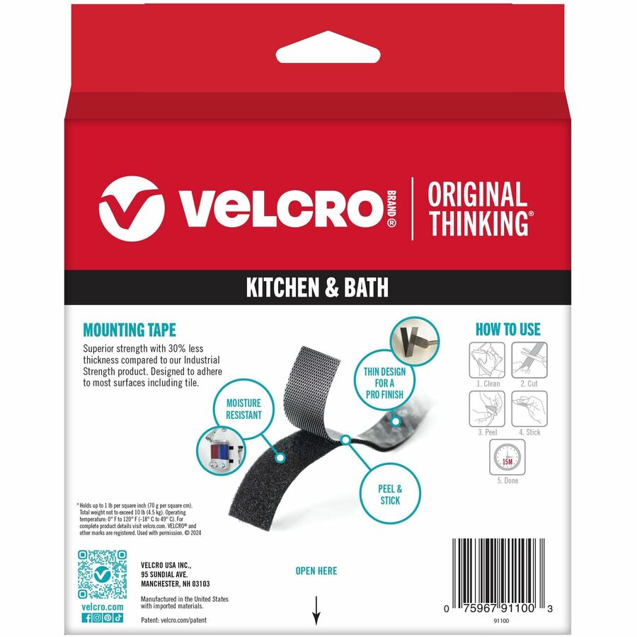 Image of VELCRO® Brand Low-Profile Industrial-Strength Heavy-Duty Fasteners, 1" X 10 Ft, Black