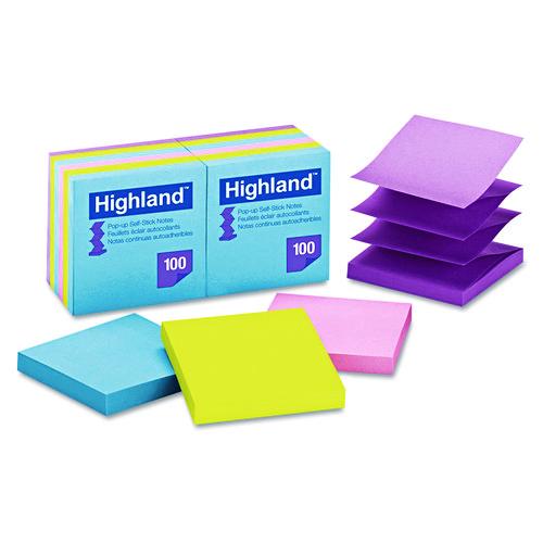 Image of Highland 6549-PUB Self-Stick Pop-up Notes, 3" x 3", Assorted Bright Colors, 100 Sheets/Pad, 12 Pads/Pack
