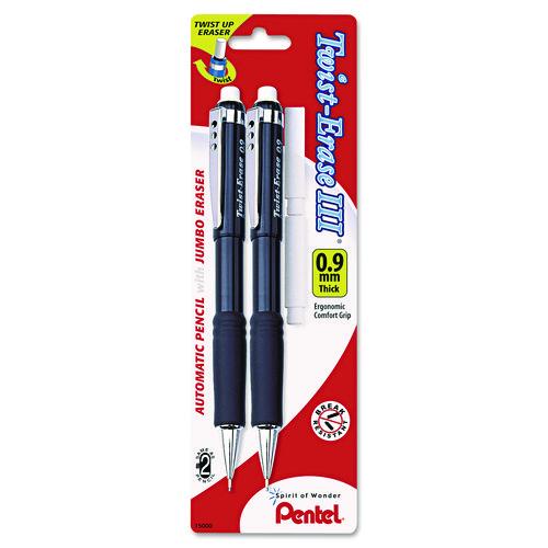 Image of Pentel® QE519BP2 Twist-Erase III Mechanical Pencil, 0.9 mm, HB (#2), Black Lead, Assorted Barrel Colors, 2/Pack