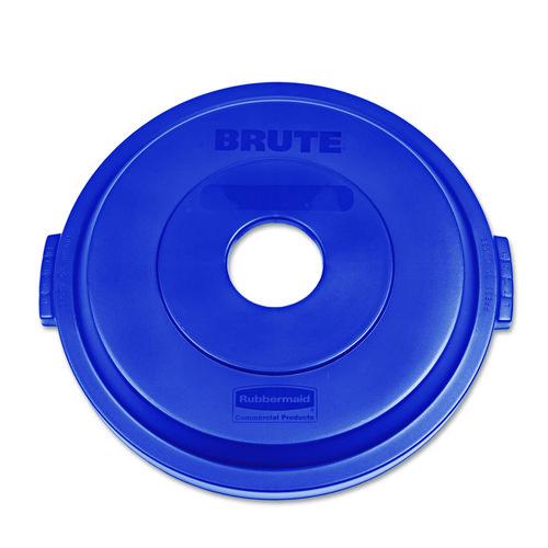 Image of Rubbermaid® Commercial 1788376 Bottle/Can Recycling Top for BRUTE 32 gal Containers, Round Openings, 9.8w x 22.9d x 22.3h, Blue