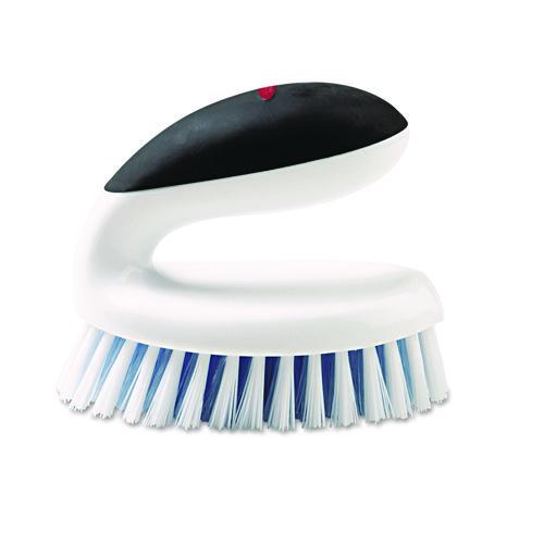 Image of OXO 33881 Good Grips Household Scrub Brush, White/Blue Nylon/Polypropylene Bristles, 5" Brush, 5" Black/White Handle