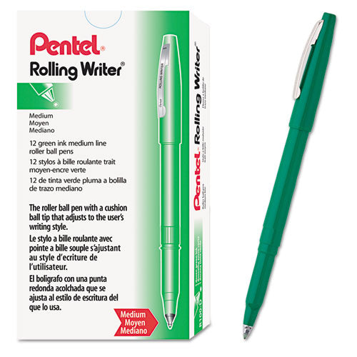 Image of Pentel® R100-D Rolling Writer Rollerball Pen, Stick, Medium 0.8 mm, Green Ink, Green Barrel, Dozen