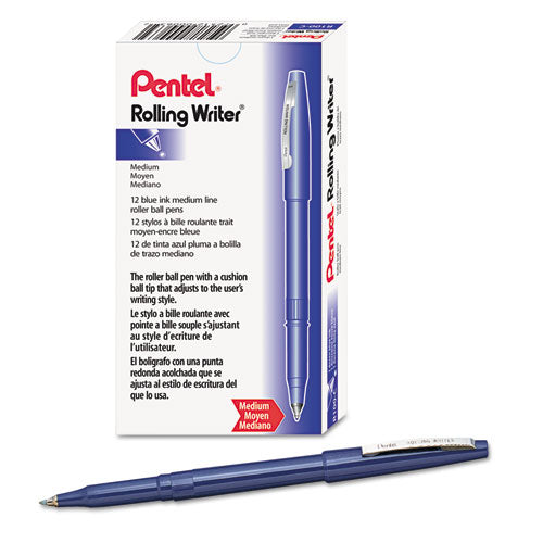 Image of Pentel® R100-C Rolling Writer Rollerball Pen, Stick, Medium 0.8 mm, Blue Ink, Blue Barrel, Dozen