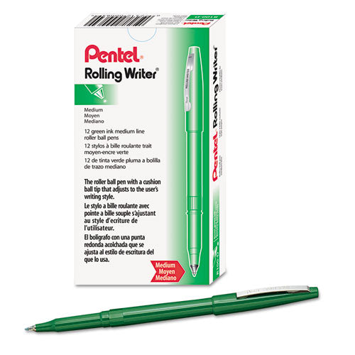 Image of Pentel® R100-D Rolling Writer Rollerball Pen, Stick, Medium 0.8 mm, Green Ink, Green Barrel, Dozen