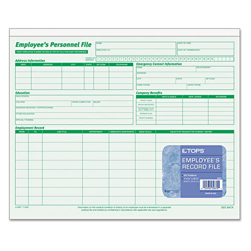 Image of TOPS 3287 Employee's Record File Folder, Straight Tabs, Letter Size, Index Stock, Green, 20/Pack