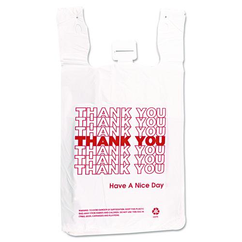 Image of Inteplast Group THW2VAL HDPE T-Shirt Bags, Thank You - Have a Nice Day Labeling, Cut-Out Handles, 12" x 7" x 23", White/Red, 500/Carton