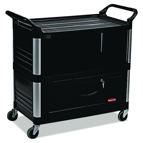 Image of Rubbermaid® Commercial FG409500BLA Xtra Equipment Cart, Plastic, 3 Shelves, 300 lb Capacity, 20.75" x 40.63" x 37.8", Black