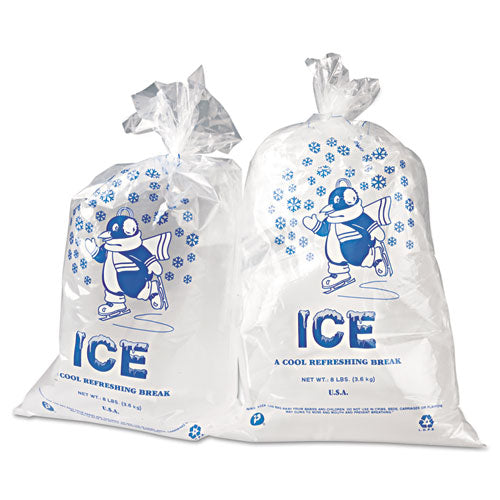 Image of Inteplast Group IC1120-TT Ice Bags with Twist-Ties, Ice: Penguin Icon Labeling, 8 lb Capacity, 11" x 20", Clear, 1,000/Carton