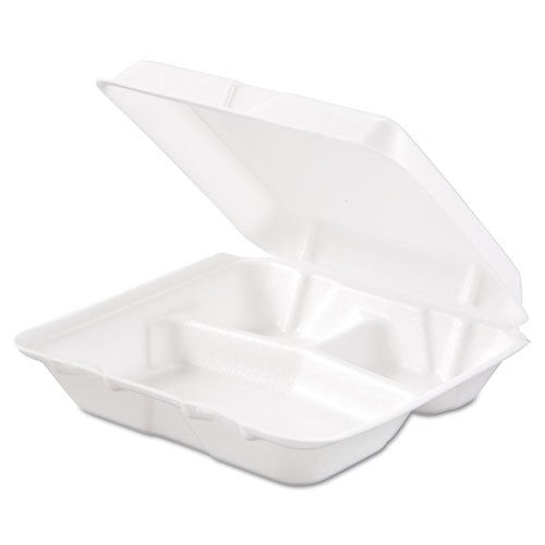 Image of Dart® 80HT3R Foam Hinged Lid Containers, 3 Compartments, 7.5 x 8 x 2.3, White, 200/Carton