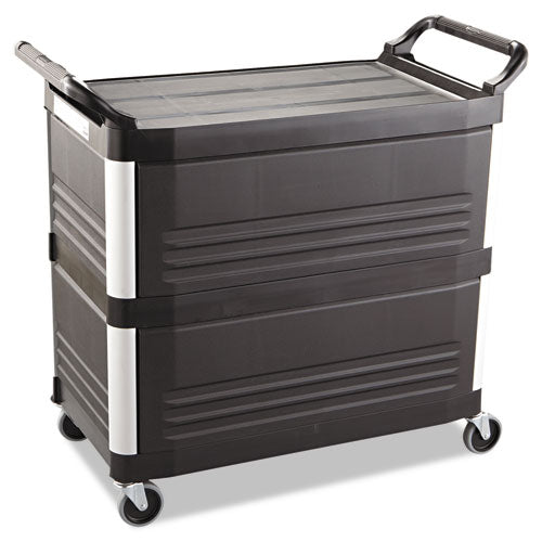Image of Rubbermaid® Commercial FG409300BLA Xtra Utility Cart with Enclosed Sides and Back, Plastic, 3 Shelves, 300 lb Capacity, 20" x 40.63" x 37.8", Black