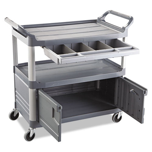 Image of Rubbermaid® Commercial FG409400GRAY Xtra Instrument Cart with Locking Storage Area, Plastic, 3 Shelves, 300 lb Capacity, 20" x 40.63" x 37.8", Gray