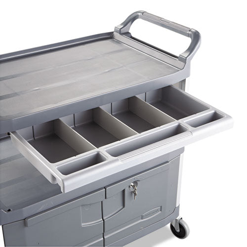 Image of Rubbermaid® Commercial FG409400GRAY Xtra Instrument Cart with Locking Storage Area, Plastic, 3 Shelves, 300 lb Capacity, 20" x 40.63" x 37.8", Gray