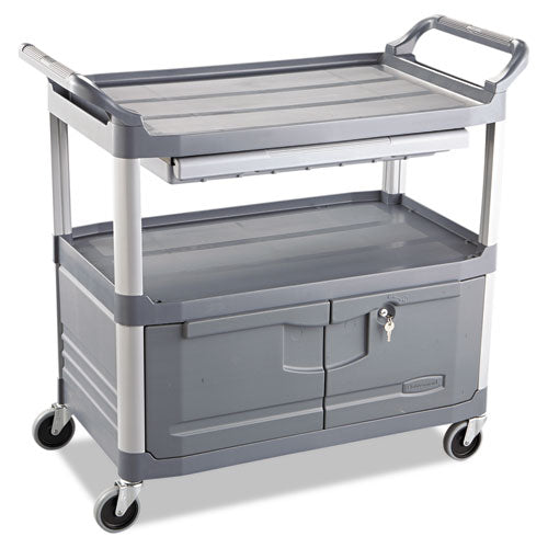 Image of Rubbermaid® Commercial FG409400GRAY Xtra Instrument Cart with Locking Storage Area, Plastic, 3 Shelves, 300 lb Capacity, 20" x 40.63" x 37.8", Gray