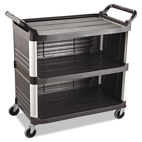 Image of Rubbermaid® Commercial FG409300BLA Xtra Utility Cart with Enclosed Sides and Back, Plastic, 3 Shelves, 300 lb Capacity, 20" x 40.63" x 37.8", Black