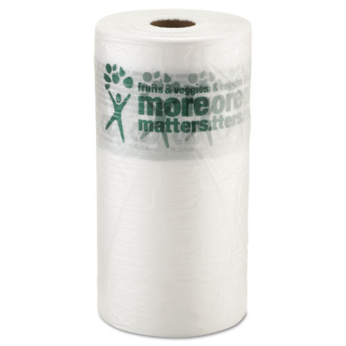 Image of Inteplast Group PHMORE15NS Produce Bags, Fruits and Veggies - More Matters Labeling, 0.35 mil, 10" x 15", Clear, 1,400 Bags/Roll, 4 Rolls/Carton