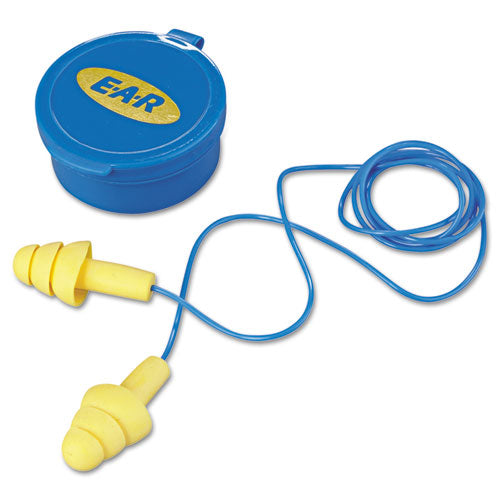 Image of 3M 340-4002 E-A-RUltraFit Reusable Earplugs, Corded, 25 dB NRR, One Size Fits Most, Yellow 3-Flange Plugs, 50/Box