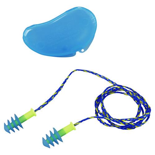Image of Howard Leight® by Honeywell FUS30-HP Fusion Multiple-Use Earplugs, Corded, 27 dB NRR, One Size Fits Most, Blue/Yellow 4-Flange Plugs, 100/Box