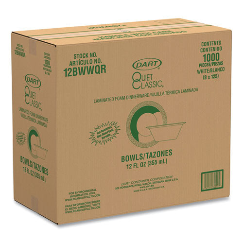 Image of Dart® 12BWWQR Quiet Classic Laminated Foam Dinnerware Bowls, 10 To 12 Oz, White, 125/pack, 8 Packs/carton