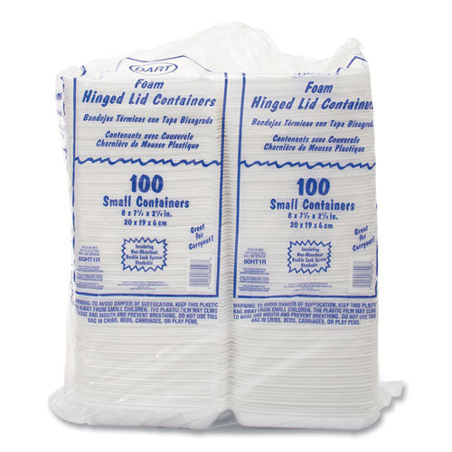 Image of Dart® 80HT1R Foam Hinged Lid Containers, 7.5 x 8 x 2.2, White, 200/Carton